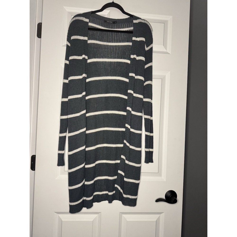 Doe And Rae Striped Ribbed Open Front Knit Cardigan Sweater Medium Blue Cream